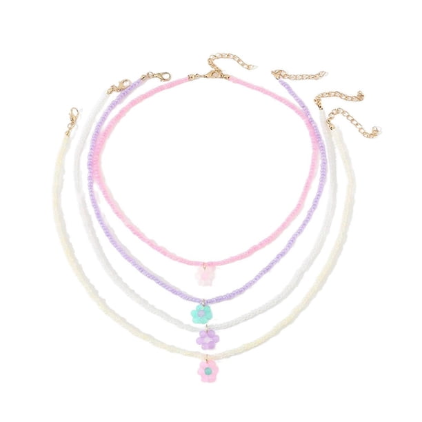 4Pcs Colorful Seed Beaded Colored Flower Choker Necklace Ajdustable Chain Clavicle for Women Girls Cute Handmade Jewelry