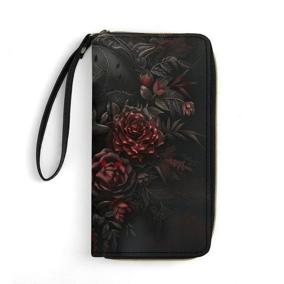 Womens Wallet Bifold Ladies Cluth Bag Wristlet Wrist Strap Long Purse Dark Skull Flower Design