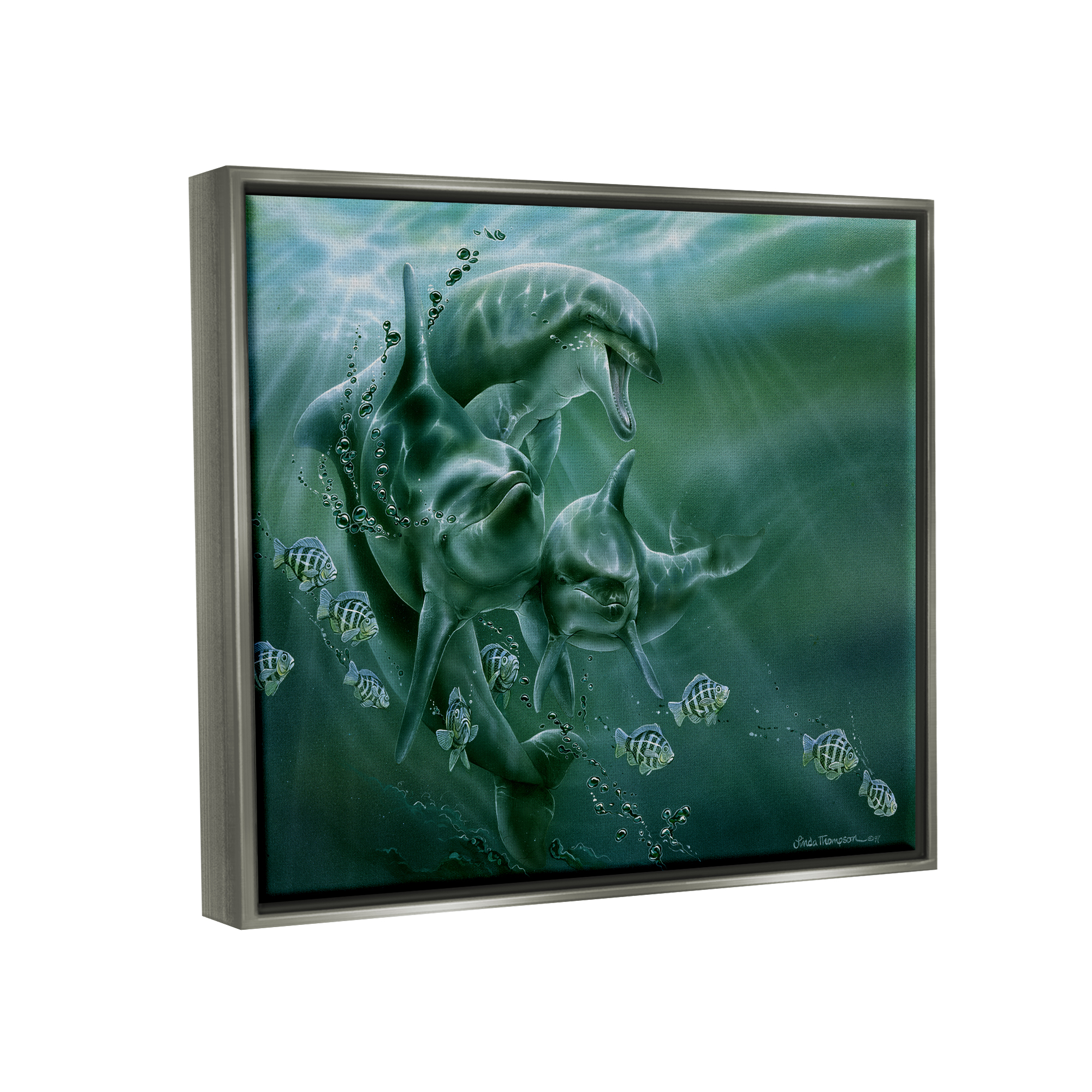 Stupell Industries Underwater Dolphins and Fish Coastal Painting Gray Floater Framed Art Print Wall Art