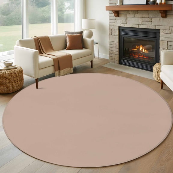 Round Area Rug 7 Ft, Warm Beige Washable Non-Slip Circle Carpet for Living Room/Bedroom, Solid Color Farmhouse Beige Low-Profile Large Runner Mat Collection Rugs for Indoor