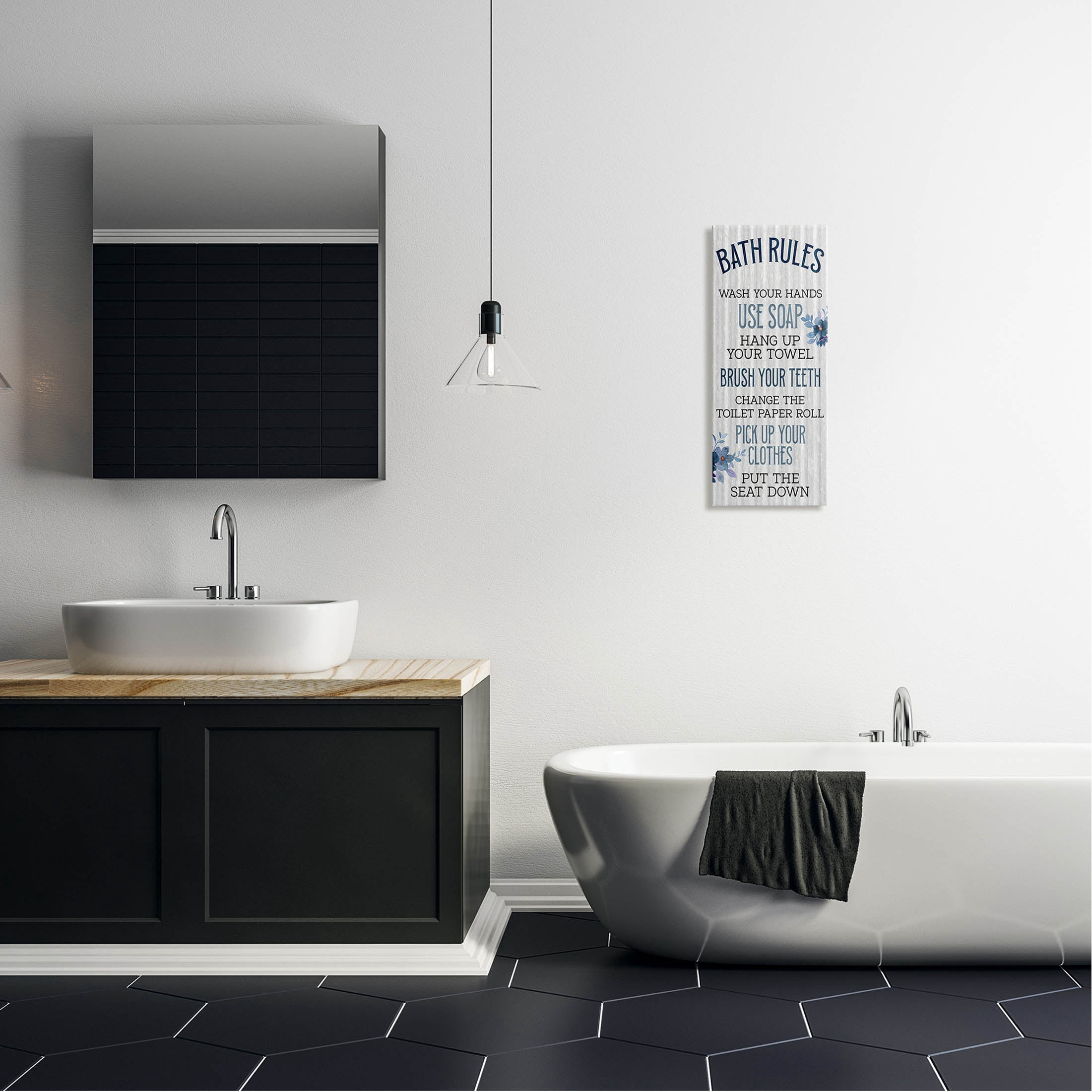 Stupell Industries Bathroom Rules Striped Floral List Graphic Art Gallery Wrapped Canvas Print Wall Art, Design by Kim Allen