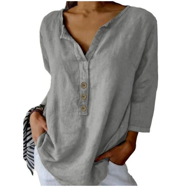 Xuyuer Womens Long Sleeve Button Down Casual And Fashionable Solid Color Shirt Blouse Loose Fit Casual V-Neck Tops