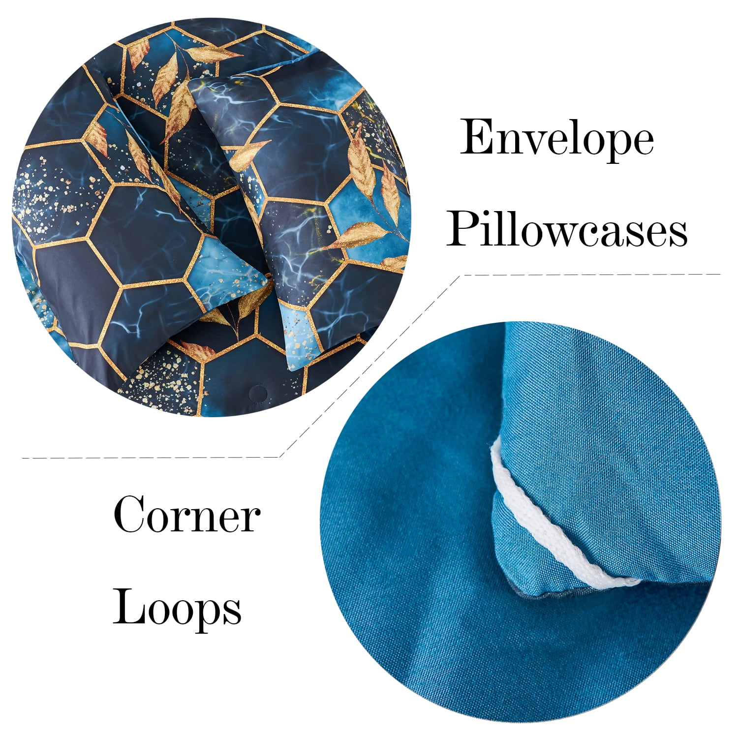 RYNGHIPY 3 Pieces Hexagon Comforter Set Full Size 3D Geometric Honeycomb Bedding Set Gold Trim Bedding Qulit Set Modern Steel Blue Foil Print Bed Set for Women Men (Blue, Full)