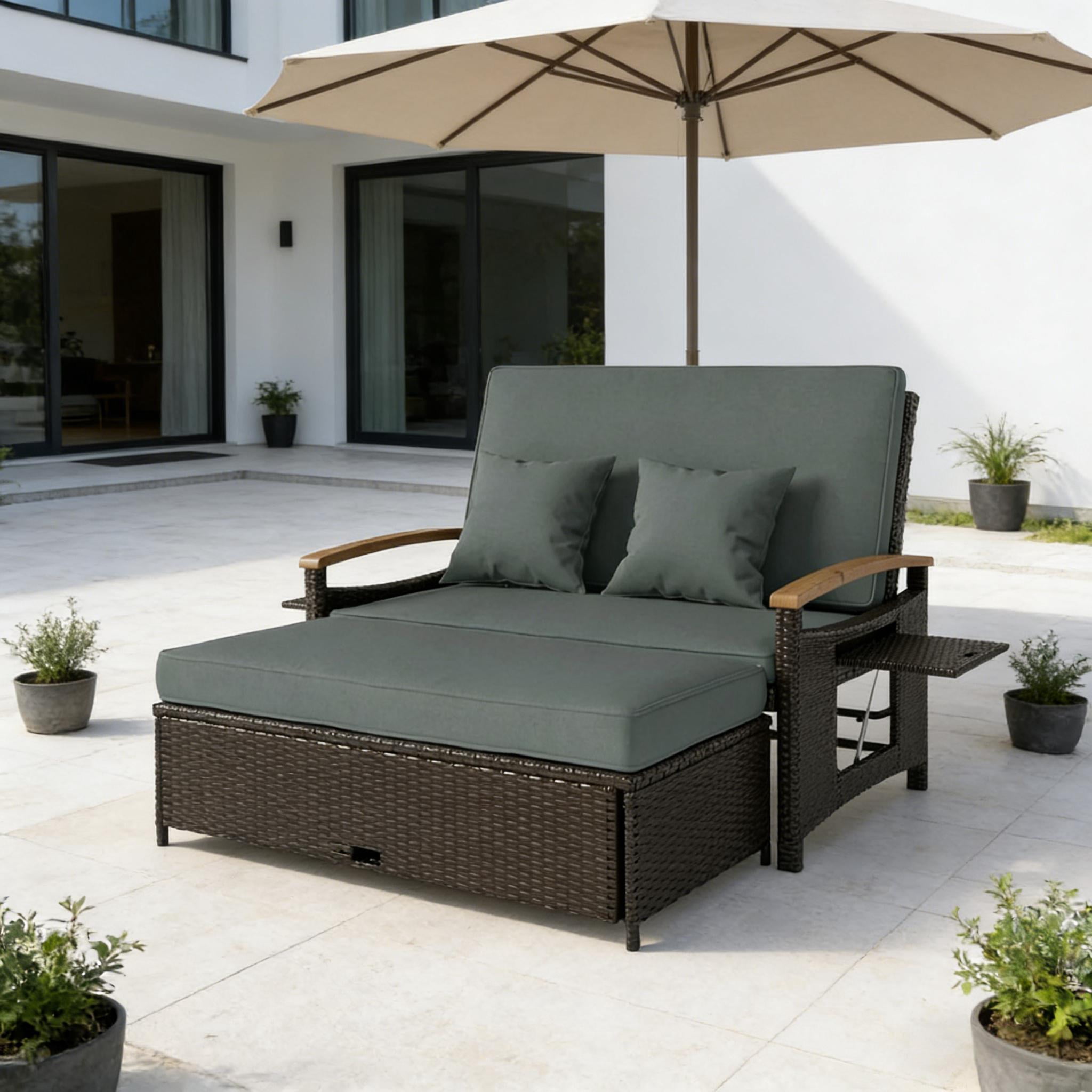 4-in-1 Rattan Outdoor Daybed with 4-Level Adjustable Backrest, Storage Ottoman and Side Tables
