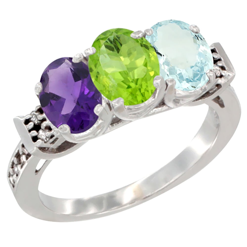 10K White Gold Natural Amethyst, Peridot & Aquamarine Ring 3-Stone Oval 7x5 mm Diamond Accent, sizes 5 10 by WorldJewels