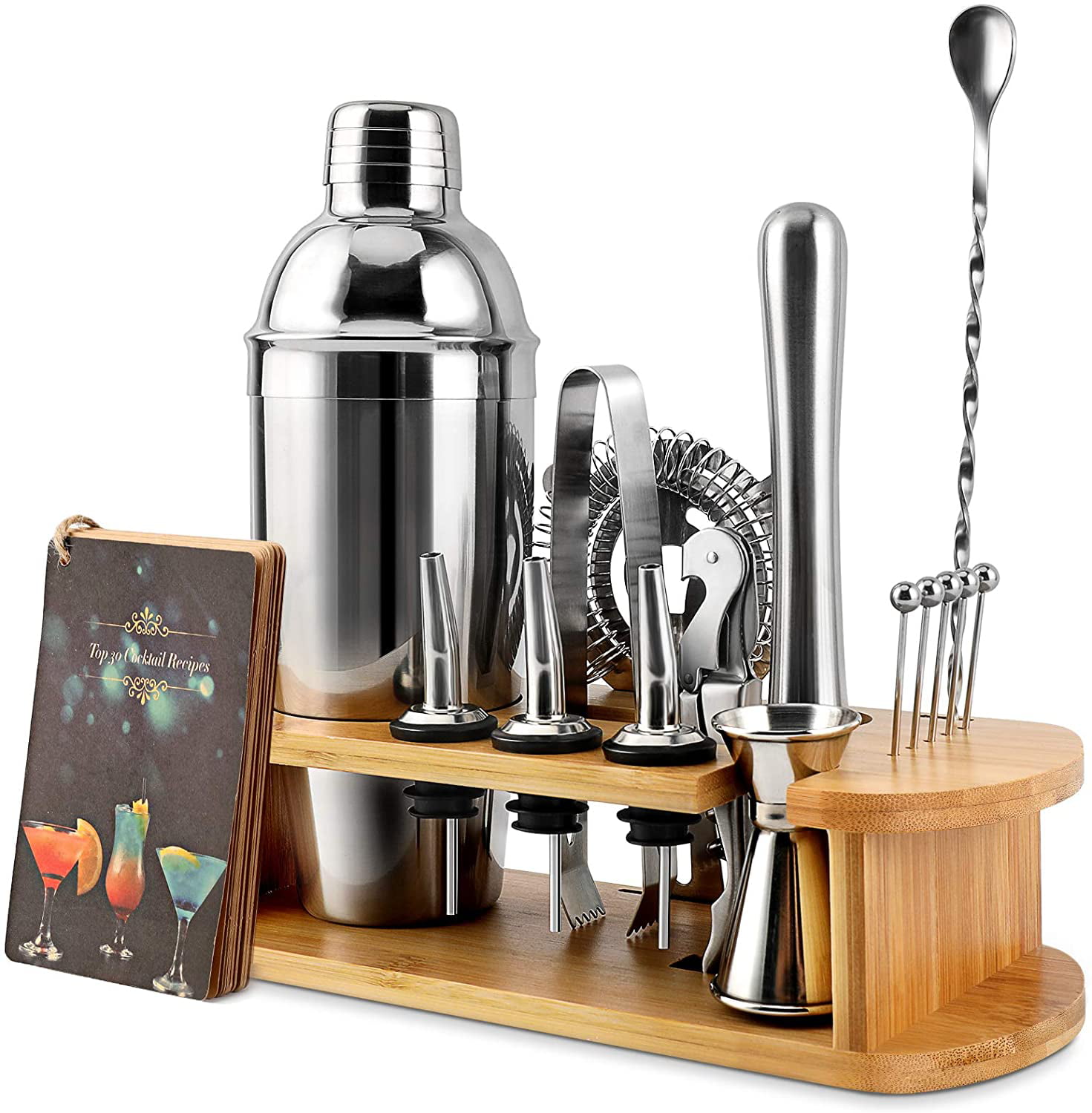 Bartender Kit with Stylish Bamboo Stand 10 Piece Cocktail Shaker Set 