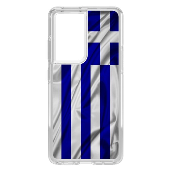 DistinctInk Clear Shockproof Hybrid Case for Galaxy S21 ULTRA 5G (6.8" Screen) - TPU Bumper, Acrylic Back, Tempered Glass Screen Protector - Greece Waving Flag