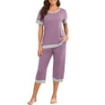 thumbnail image 3 of Cute Vacation Outfits for Women Short Sleeve Round-Neck Blouses Shirts Sets Casual Loose Solid Round Neck Short Sleeve Capris Home Set Pajamas and Pajamas 2 Piece Summer Outfits Purple xl, 3 of 9