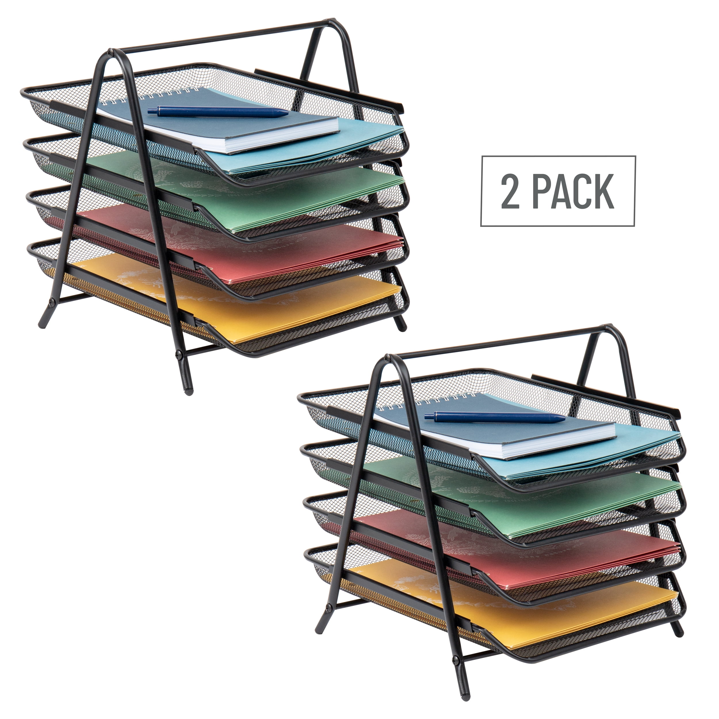 Mind Reader 4-Tier Paper Tray, Desktop Organizer, File Storage, Office, Metal, Pack of 2, Black