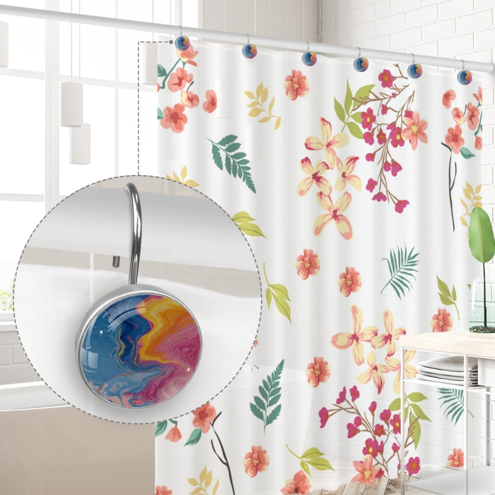 Blue Pink Marble Pattern 12 Pack Shower Curtain Hooks, Decorative Shower Rings for Shower Curtain Rods, Stainless Steel, Rust Resistant, Round Curtain Hooks for Bathroom