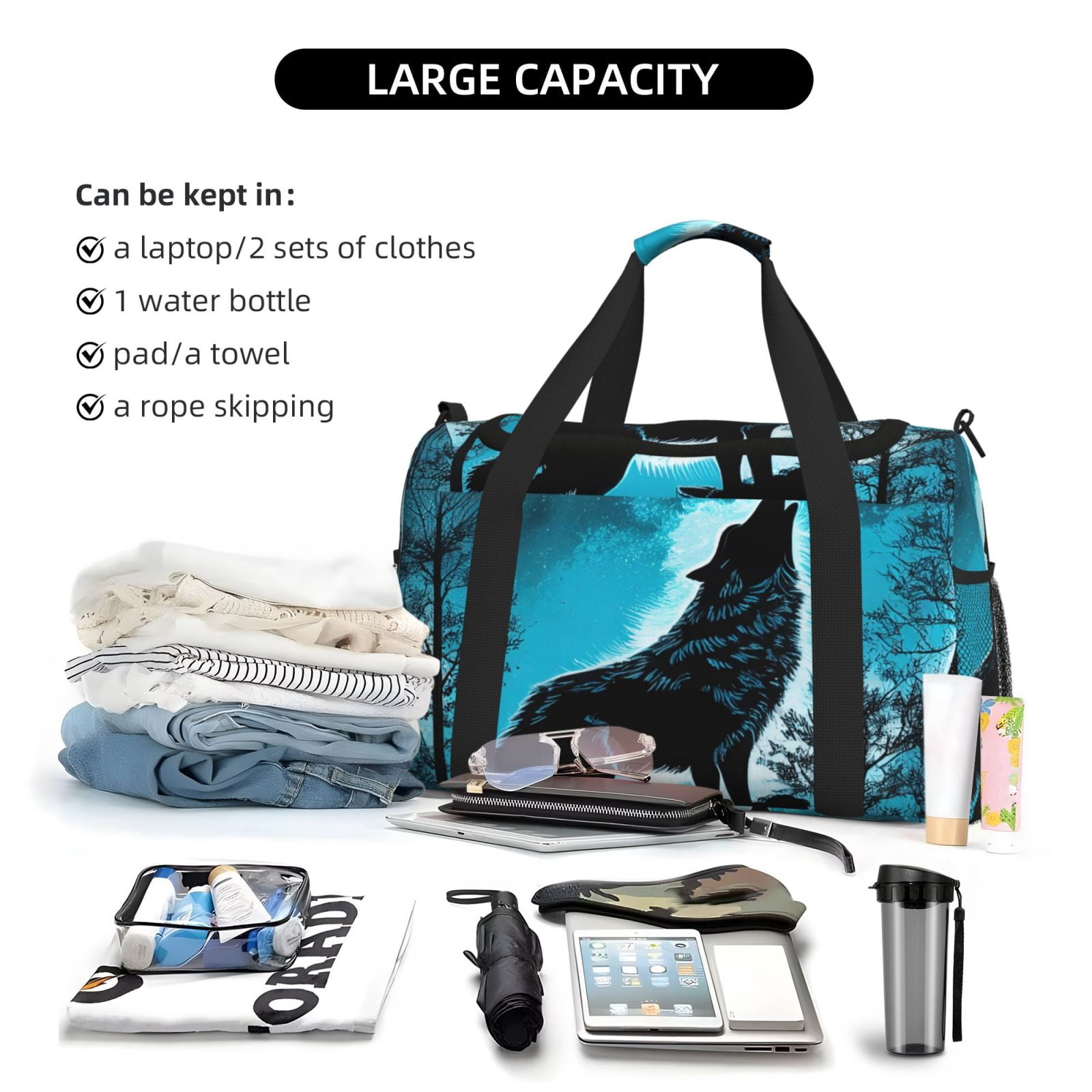 Kuqiui Blue Full Moon Wolf Print Foldable Travel Duffel Bag Tote Carry on Luggage Bag Personal item Sports Gym Bag Water Resistant Weekender Overnight Bags for Women and Men