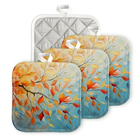 

Bahomeck Pot Holder 4Pcs Oil Painting Of Leaves On Tree Branch Square Heat Resistant Hot Pads For Kitchen Cooking Oven With Hanging Loop Potholder Easy To Store