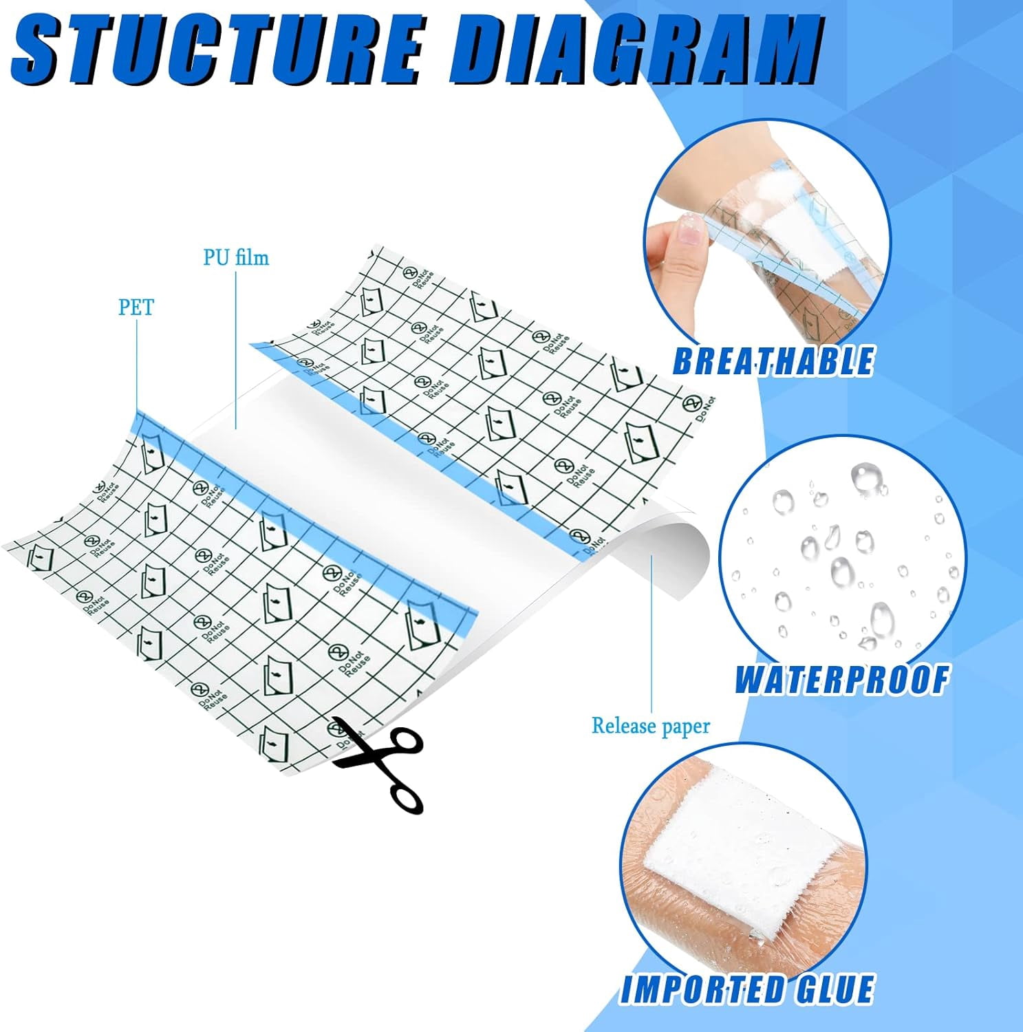 50 Pieces Transparent Clear Adhesive Bandage Stretch Large Waterproof Film Adhesive Bandages Dressing supplies(8 x 10 Inch) 8 x 10 Inch