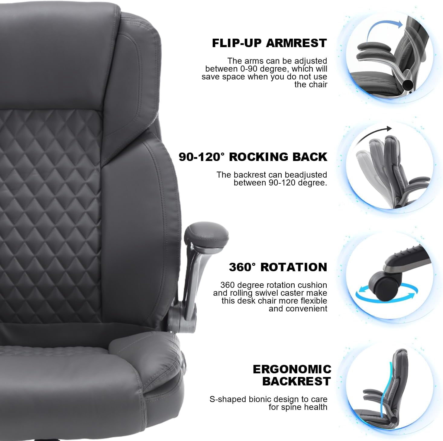 Executive Office Chair with Flip up Arms, Ergonomic PU Leather Office Chairs with Wheels, 90-120° Rocking High Back Office Desk Chair with Lumbar Support, Swivel Task Chairs(Grey)