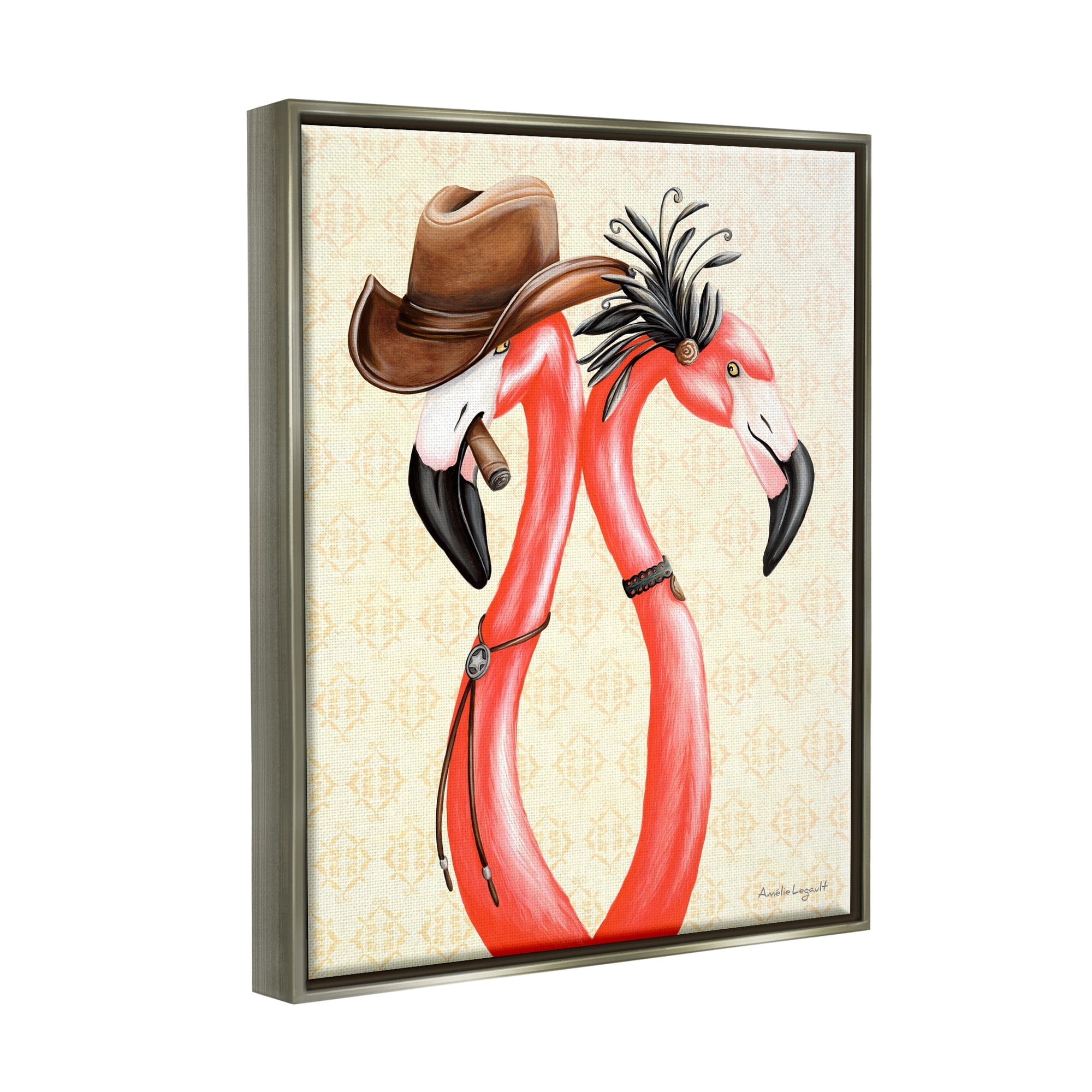 Stupell Industries Vintage Flamingos Cowboy Hat Antique Fashion Outfit Graphic Art Luster Gray Floating Framed Canvas Print Wall Art, Design by Amelie Legault