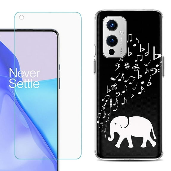 Slim-Fit TPU Phone Case Compatible with OnePlus 9 5G, with Tempered Glass Screen Protector, by OneToughShield ® - Elephant Music