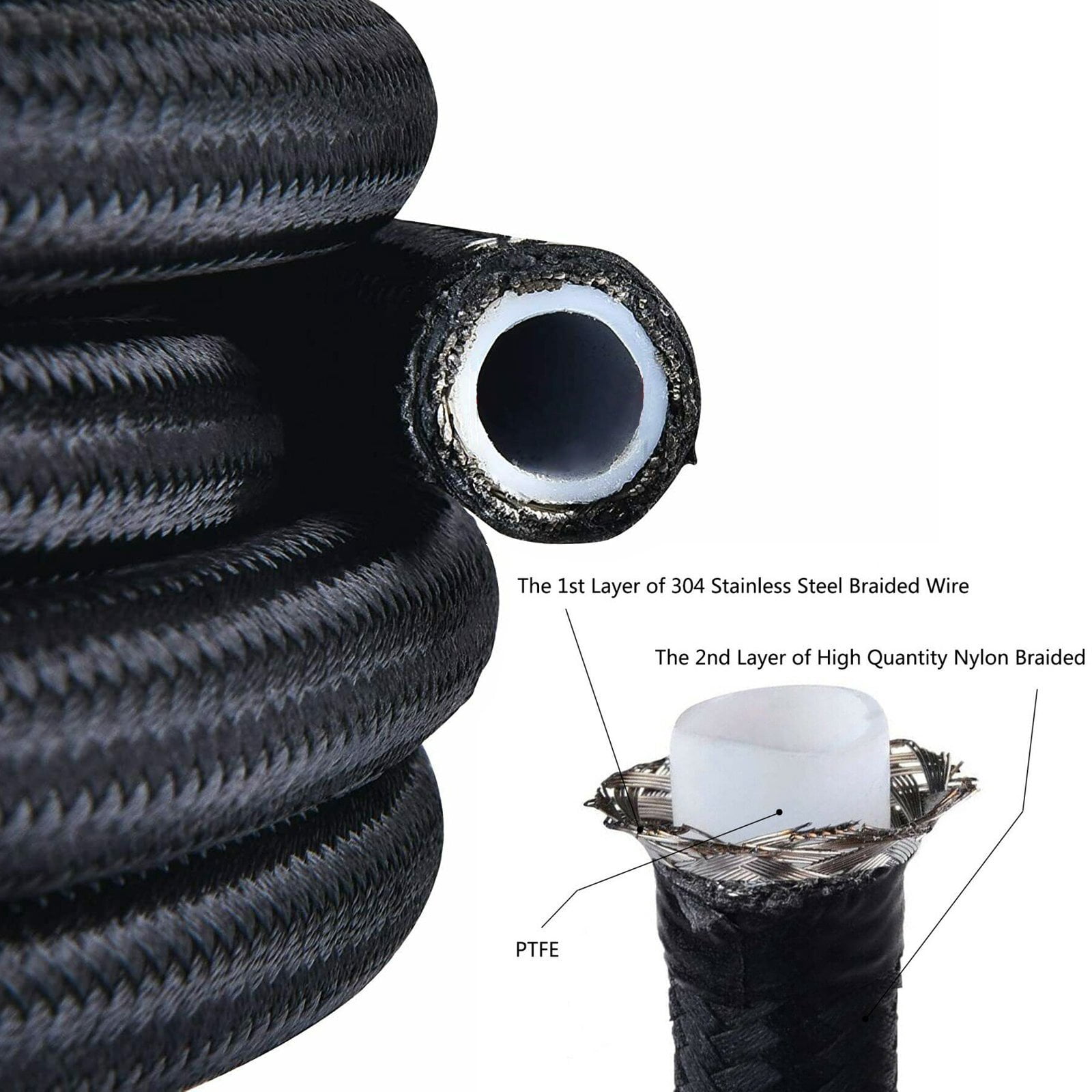 8AN -AN8 Black 20ft Nylon Braided PTFE Fuel Line 10 Fittings Hose Kit for E85