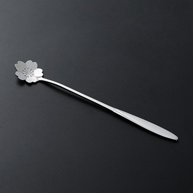 Forzero Cherry Spoon Stainless Steel Tableware Mixing Spoon Korea Creative Long Handle Ice Spoon Cute Bar Counter Coffee Dessert Spoon Long Handle Cherry Blossom Spoon Silver