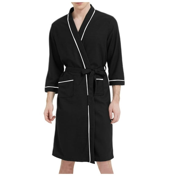 Mens Bathrobe Mens Lightweight Spa Long Towl Robe Soft Knee Length Bathrobe With Pockets Mens Robe Black M