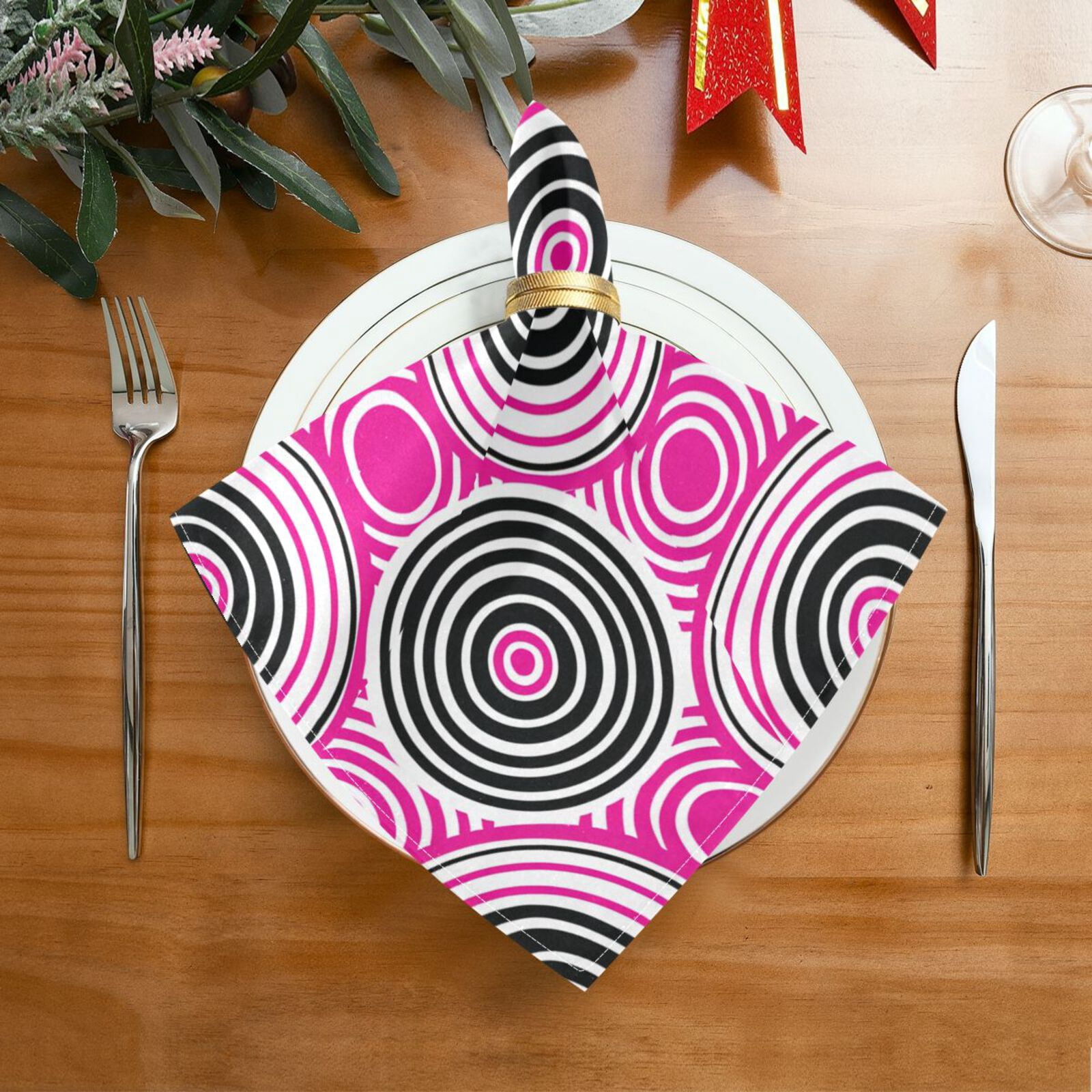 JSTEL Circles Pink & Black Cloth Napkins Set of 6, 20x20 Inch Washable and Reusable Napkin for Decoupage Dinner Party Everyday Use