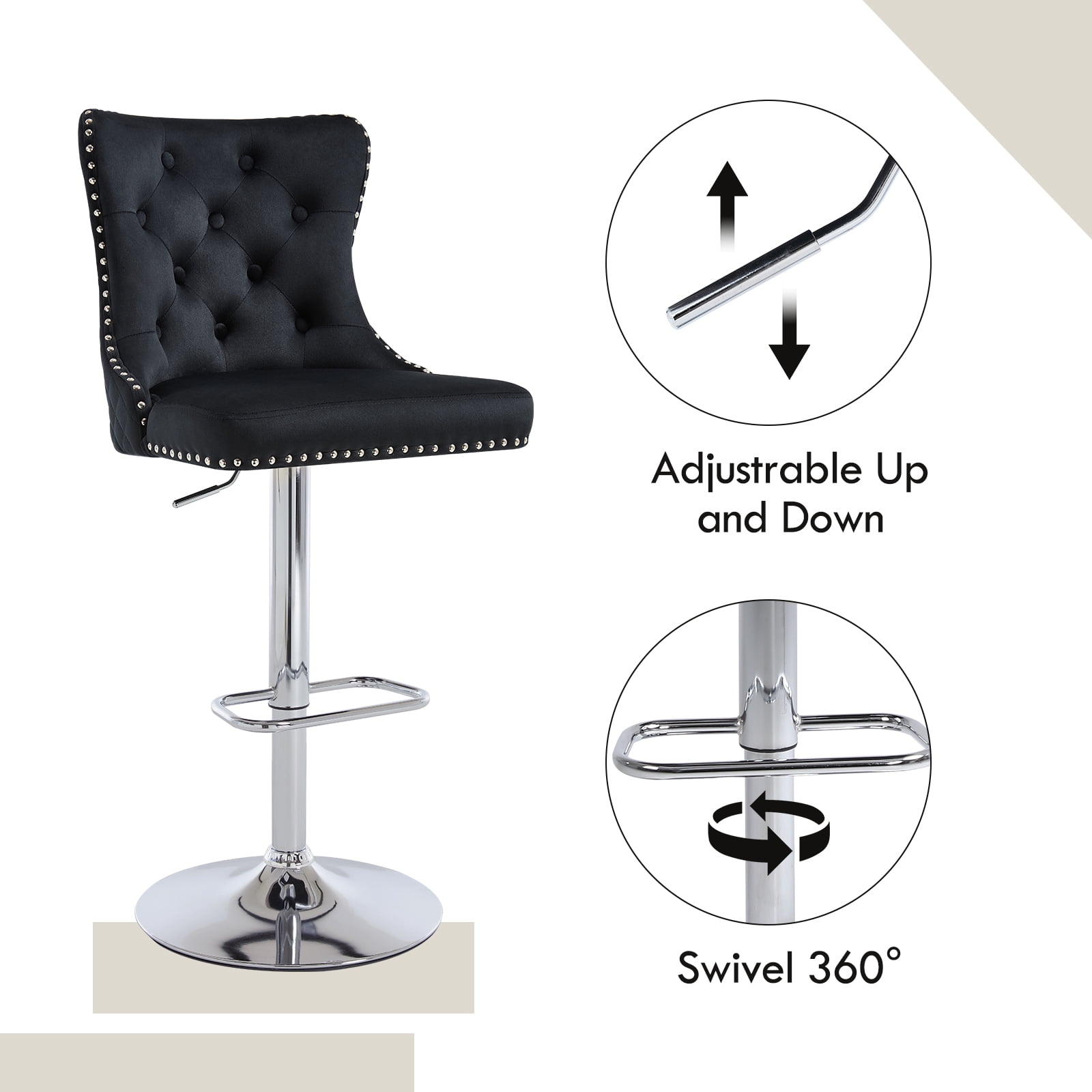 Velvet Bar Stools Set of 2 Modern Counter Height Bar Stools with Lion Pull Ring Tufted Back, Nailhead Upholstered Barstools for Home Kitchen Island, Swivel Adjustable Stool Chair in Black