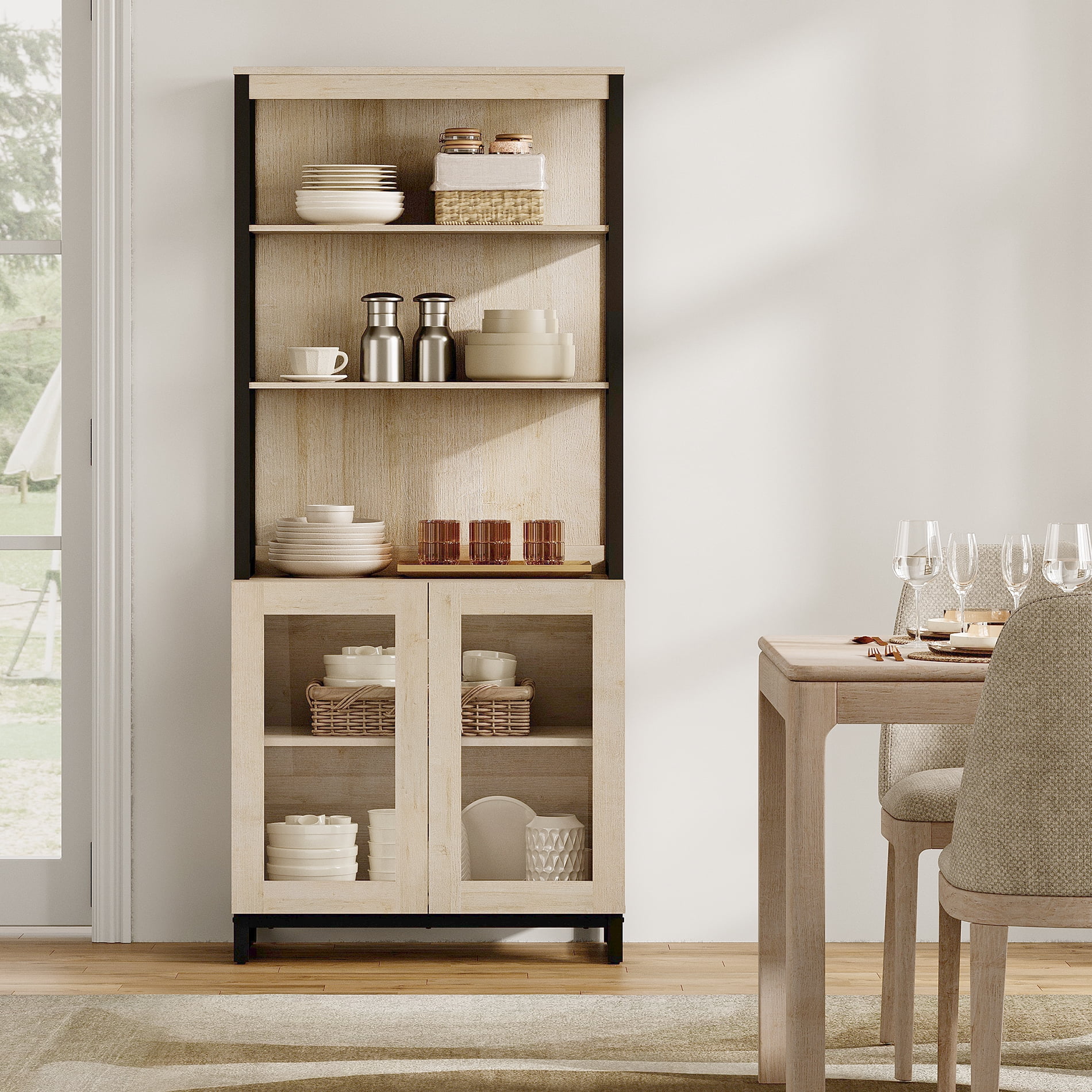 WAMPAT Modern 72" Tall Bookcase with Glass Doors and Adjustable Shelves, Library Book Shelf with Storage Cabinet and Open Book Shelfs, Wood Bookshelf for Home Office, Living Room, Beige