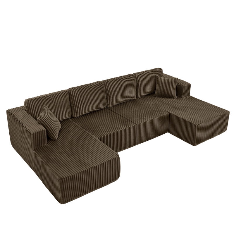 161" Oversized U Shaped Modular Sectional Sofa, Compressed Sofa in a Box, Modern Corduroy Deep Seat Couch, No Assembly Large Sectional Sofa for Living Room, Apartment, Bedroom, Brown