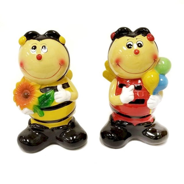 Set Of 2 - 6"Honey Bees, One Holding Balloons, One Flower Piggy Bank