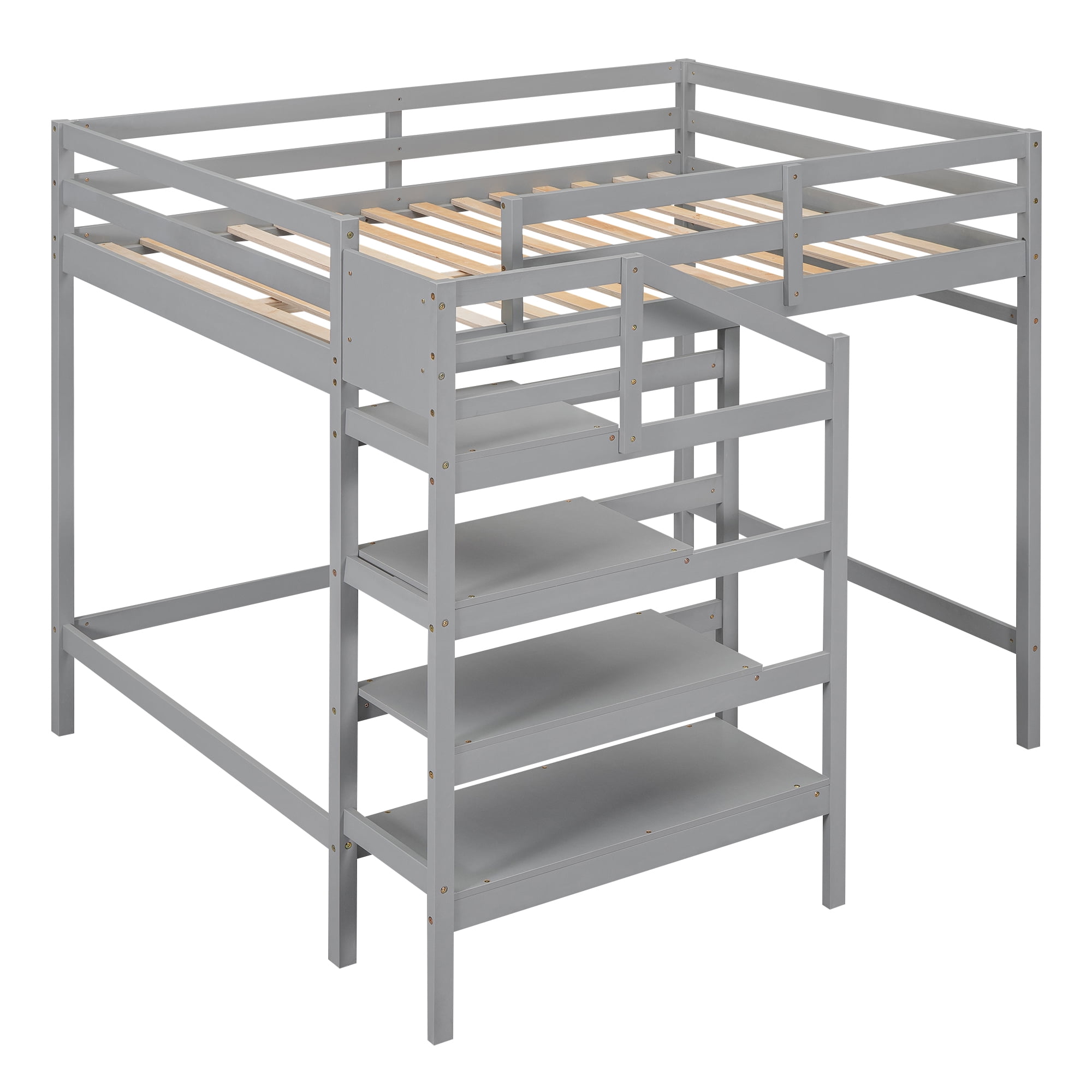 Euroco Full Size Loft Bed with Shelf and Hanger for Kids Teens Bedroom, Gray