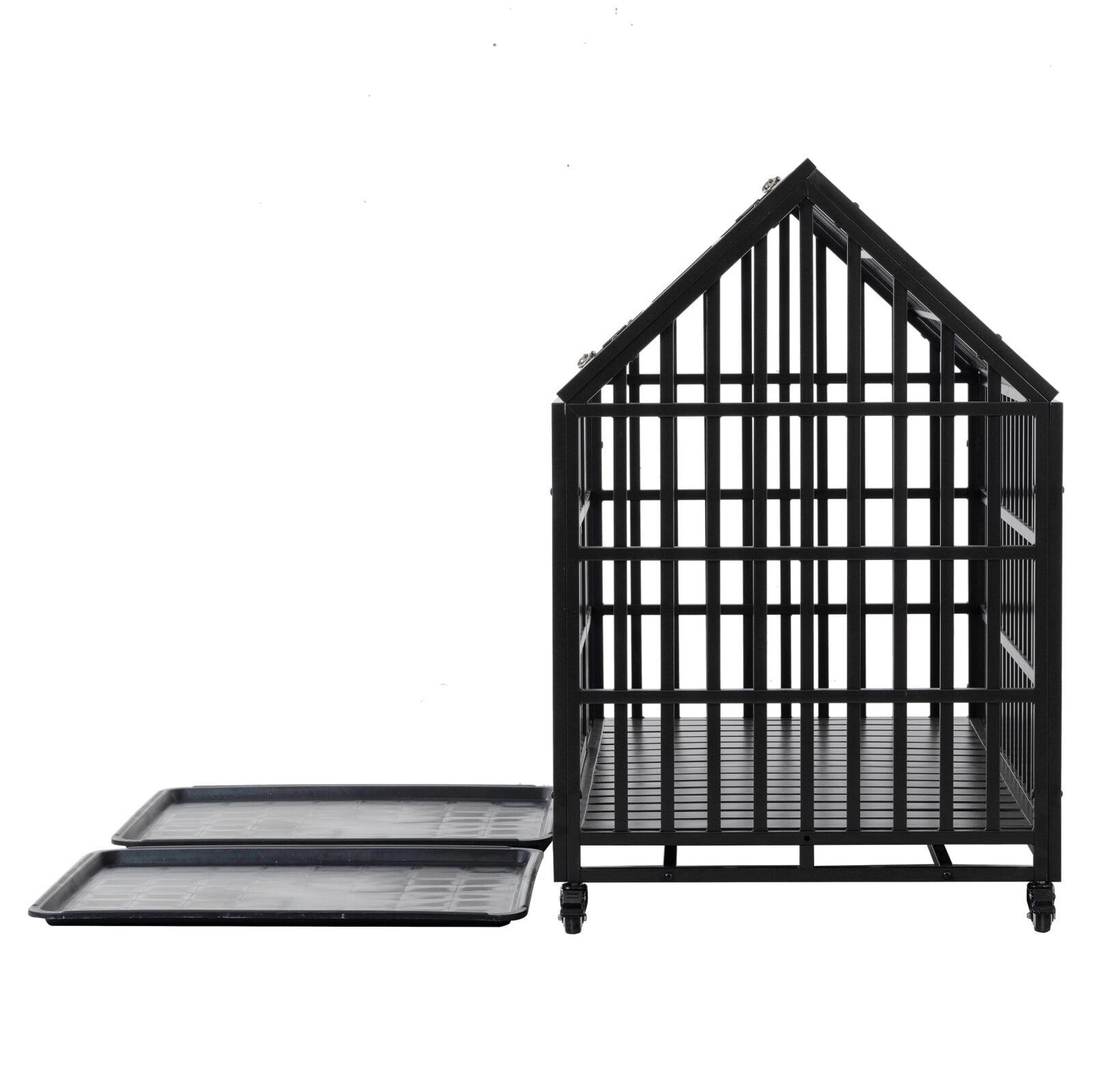 52" Heavy Duty Dog Crate Large Dog Cage with Removable Trays and Dual-Door Design, Metal Dog Kennels and Crates for Large Dogs with 4 Lockable Wheels, Black