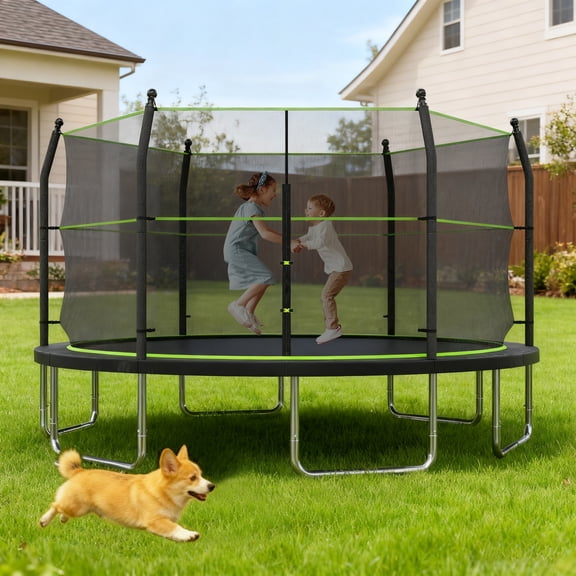 Arspjes 14ft Trampoline with Enclosure Net for Kids and Adults,Heavy-duty Outdoor Trampoline with Ladder,Upgraded Kids Recreational Trampoline for Family,Green