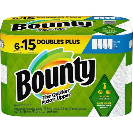 Bounty Select-A-Size Paper Towels, 6 Double Plus Rolls, White, 113 Sheets Per Roll