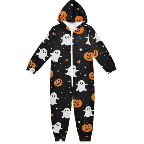 Halloween Pumpkin Ghost Boys & Girls Hooded One-Piece Pajamas Warm Crystal velvet Hooded Long Sleeve Loungewear Jumpsuit Unisex