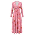 thumbnail image 5 of FKELYI Womens Long Sleeve Fall Dress Pink Strawberry Print V Neck Maxi Casual Dress with Pockets Soft A-Line Flowy Tiered Waist Dresses for Ladies, M, 5 of 6