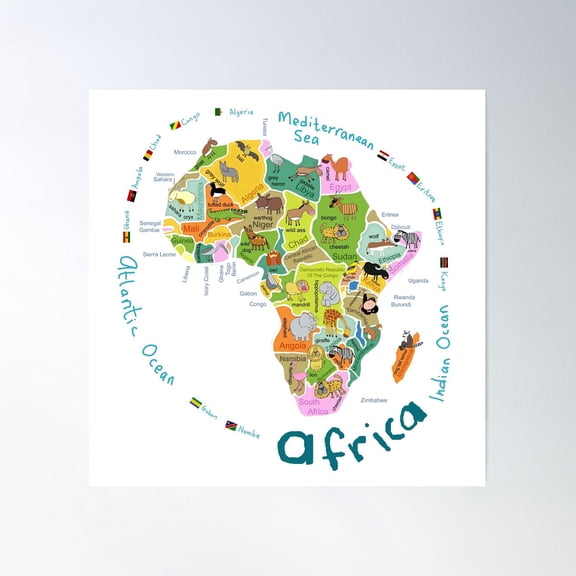 Africa Map Illustration With Countries And Animals By Carla Daly Poster Wall Art, Modern Wall Decor For Living Room Bedroom, 24x24 UNFRAMED