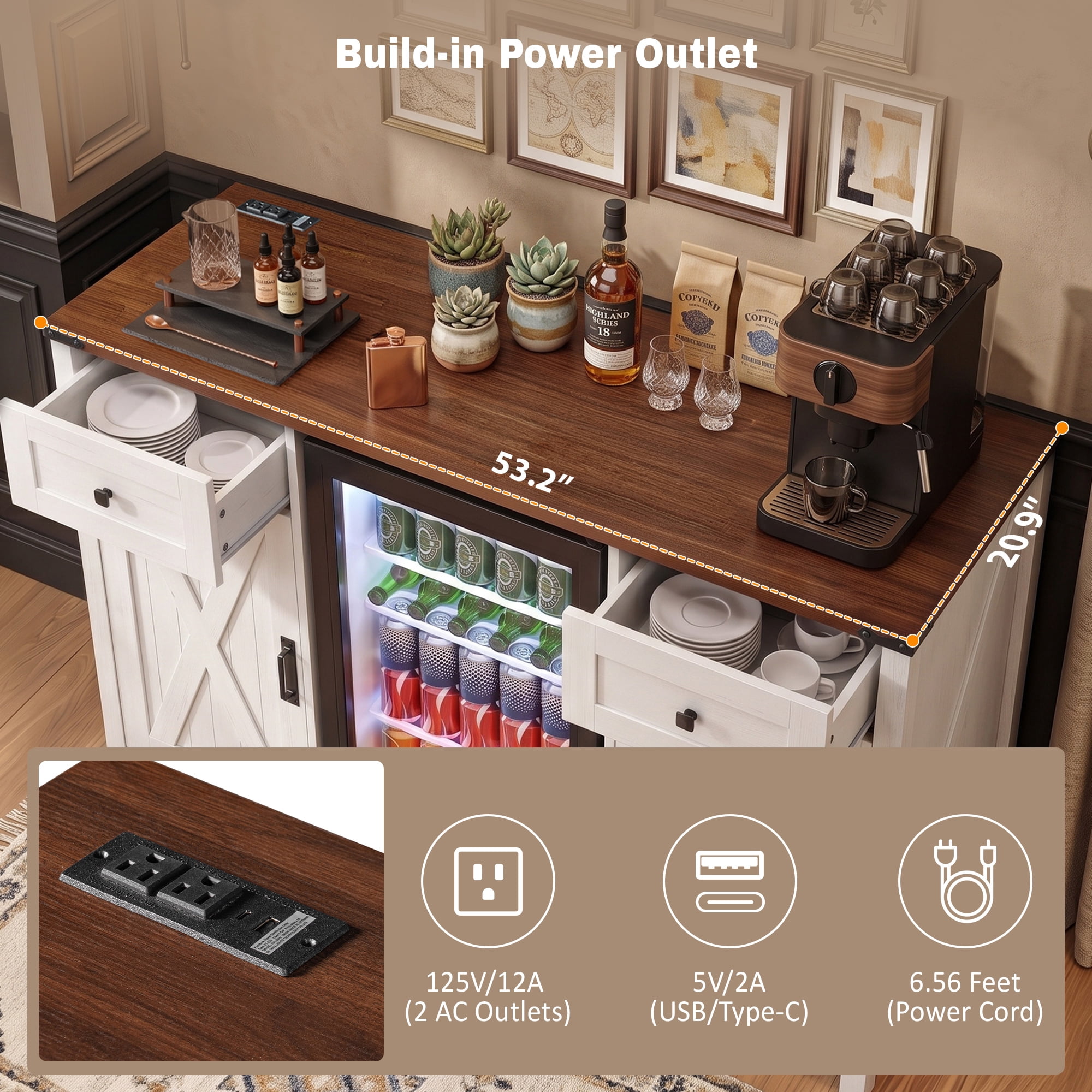 Mintazer 53.2" Farmhouse Coffee Bar Cabinet with Fridge Space & Charging Station, Barn Doors Sideboard Buffet Storage Cabinet with Drawers & Wine Glass Rack for Kitchen Dining Room Home Bar, White