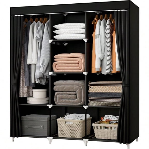 Portable Closet 51 Inch Wardrobe Closet for Hanging Clothes with 2 Hanging Rods 8 Storage Organizer Shees for Bedroom Durable and Easy to Assemble Black