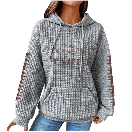 Virmaxy 2024 Fashion Women s Baseball & Letter Print Hoodies Loose Fit Waffle Knit Sweatshirt with Pocket for Fall Winter Gray-4 L