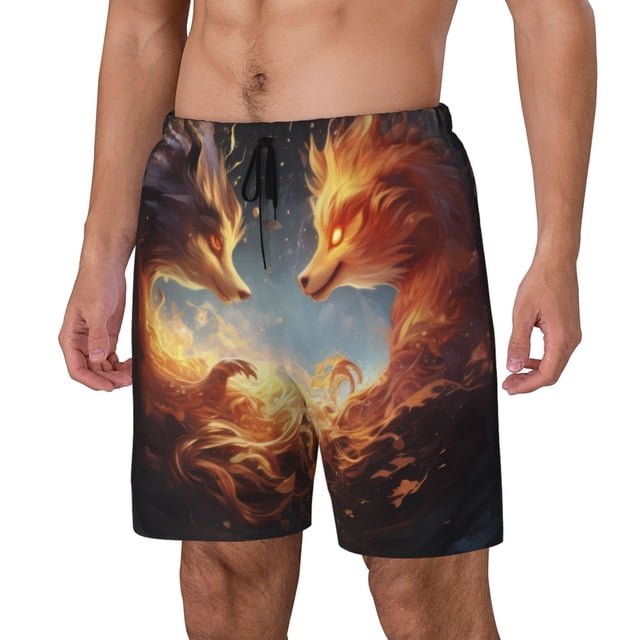 Fotbe Red And Gray Flame Fox Traje de Baño para Hombre – Shorts de Natación de Secado Rápido con Forro y Bolsillos-3X-Large