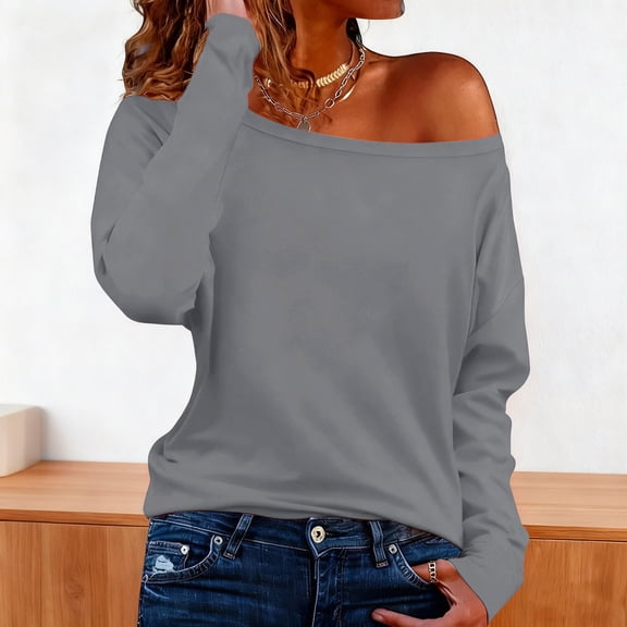 Off Shoulder Tops for Women Long Sleeve Shirts Dressy Casual Slim Fit Office Blouse for Lounge Party