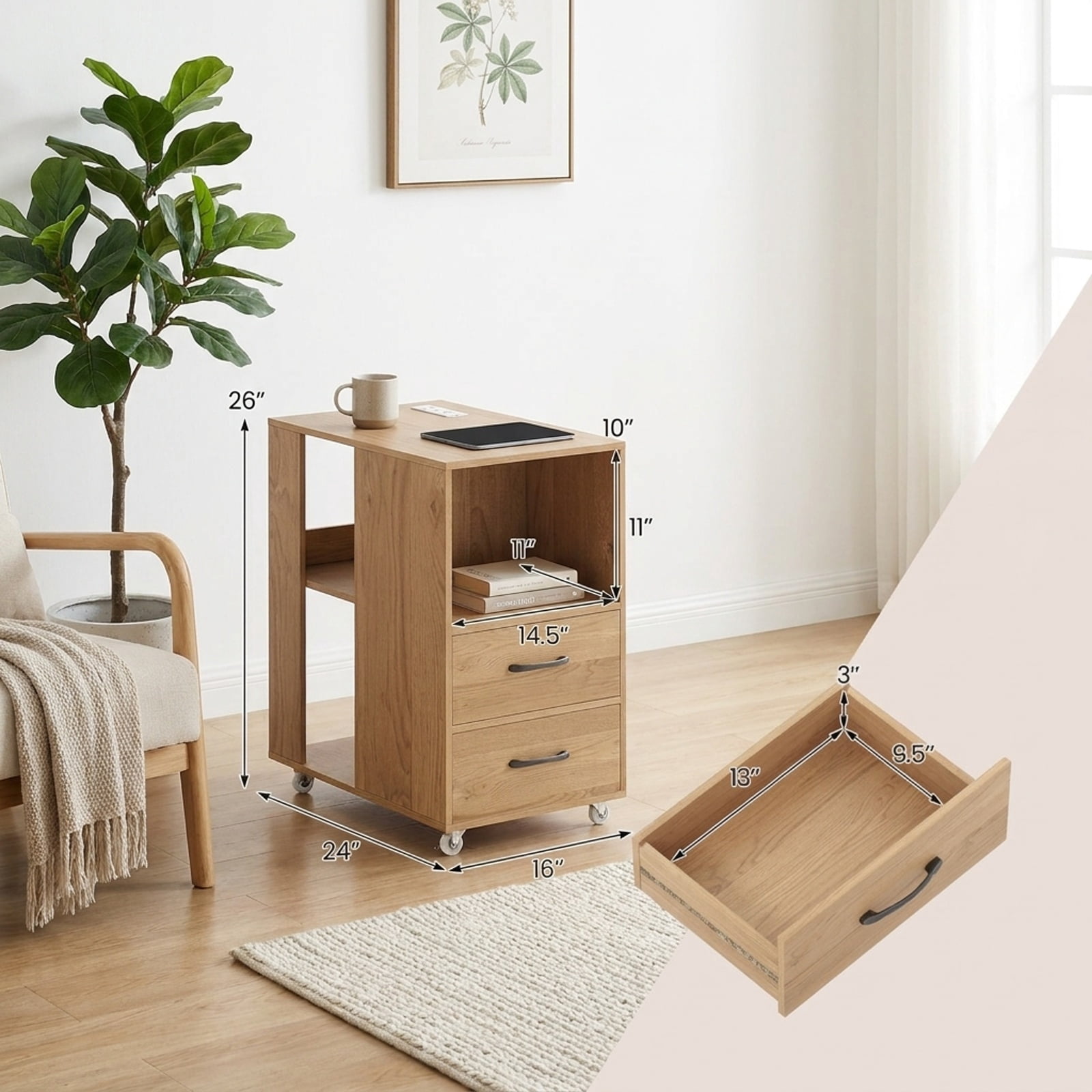 Furnibear Mobile Bedside Table with Charging Station 2 Drawers and Open Shelves End Table on Wheels for Bedroom Sofa Side, Natural