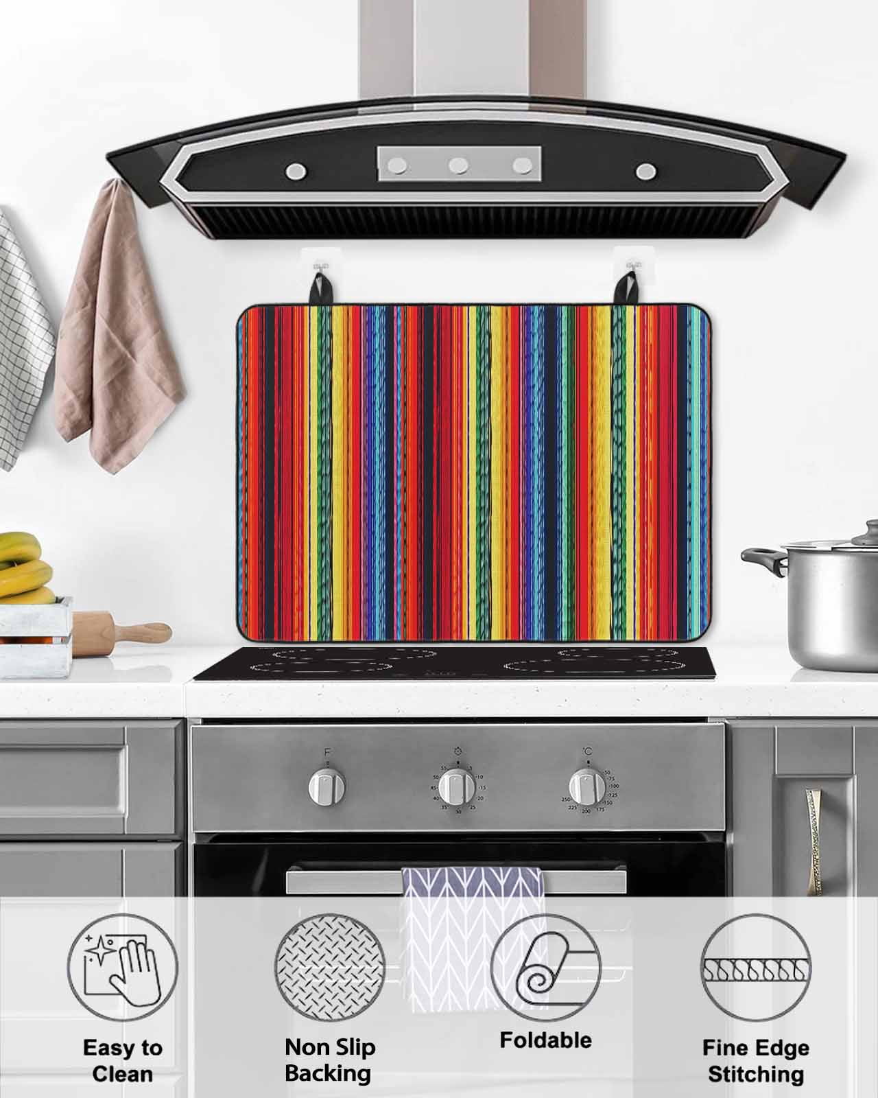 nqOlkjepod Large Induction Cooktop Protector Mat 24"x21", Rainbow Striped Stove Top Covers for Electric Stove, Boho Ethnic Colorful Lines Minimalist Stove Burner Cover Mats, Glass Top Stove Cover