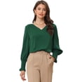 thumbnail image 1 of Blusa Con Cuello En V Para Mujer, Blusa Informal De Manga Larga Con Campana Fruncida Verde Oscuro M, 1 of 6