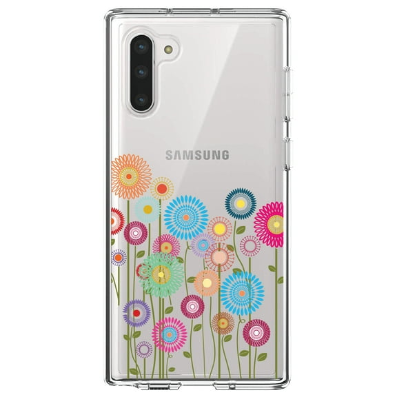 DistinctInk Clear Shockproof Hybrid Case for Samsung Galaxy Note 10 (6.3" Screen) - TPU Bumper Acrylic Back Tempered Glass Screen Protector - Cartoon Wildflowers Stems Leaves
