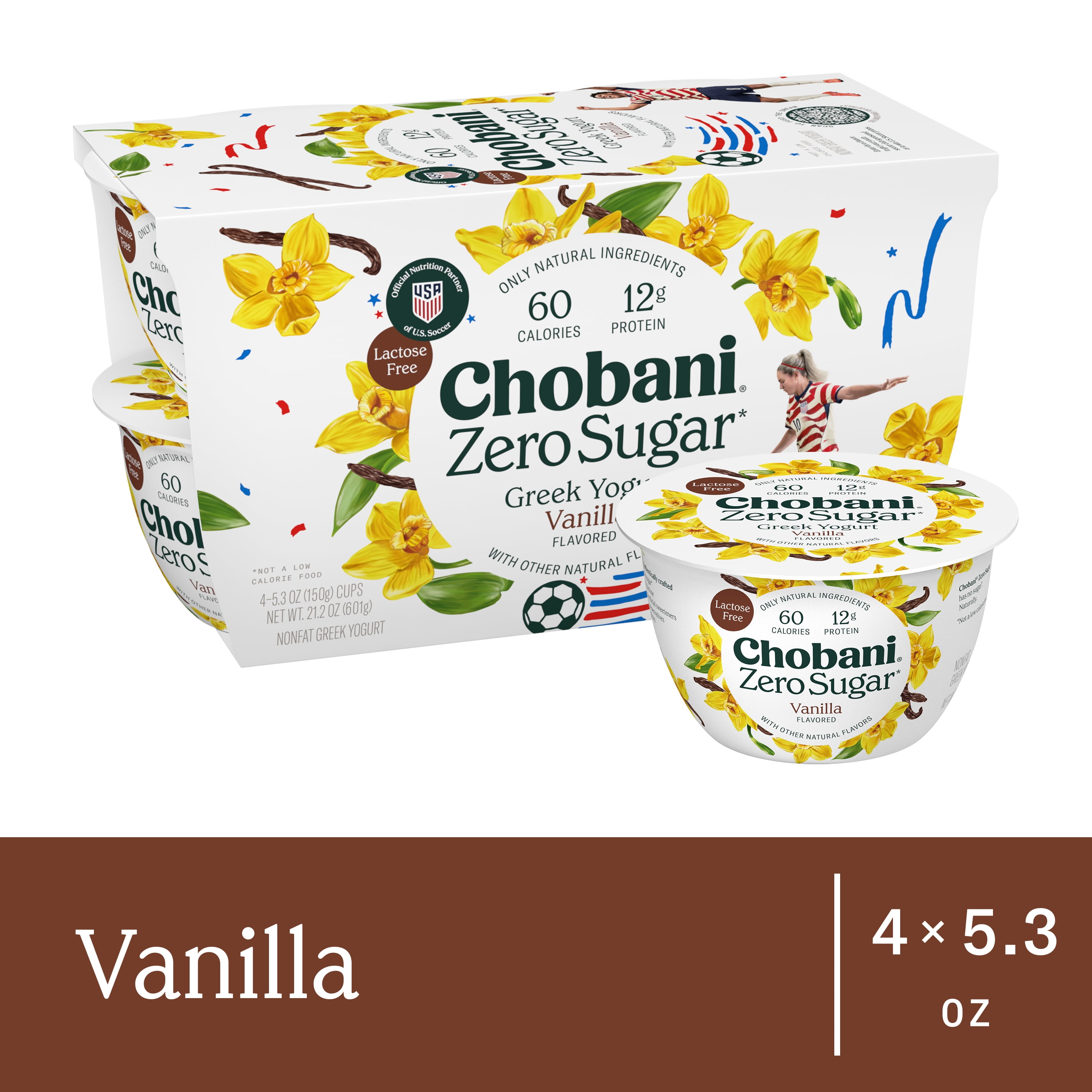 Chobani Zero Sugar Non-Fat Greek Yogurt Vanilla 5.3 oz Cup, 4 Pack