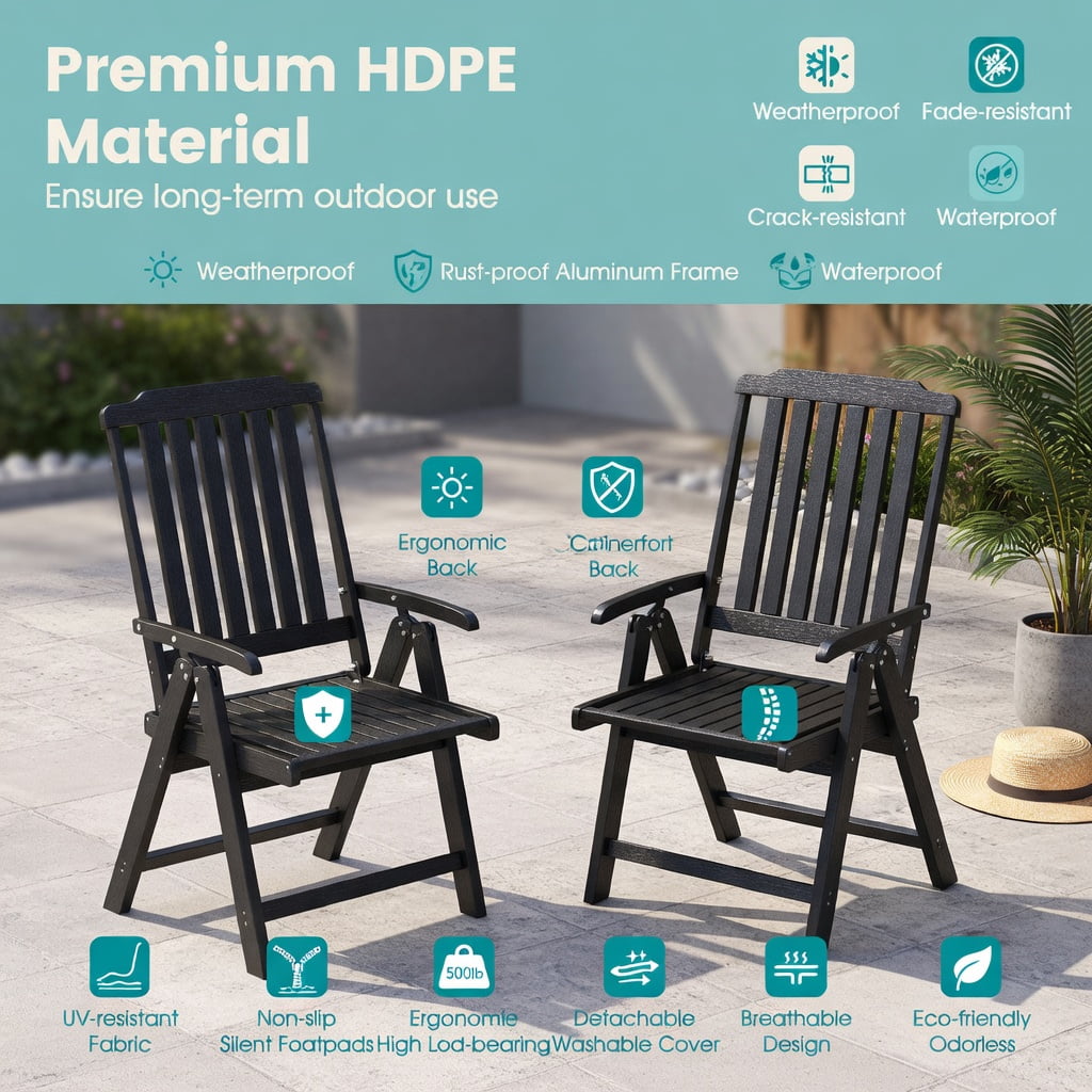 Hommoo Foldable HDPE Outdoor Dining Chair with Armrests, All-Weather, Rustproof, Space-Saving Patio Chair for Backyard, Balcony & Indoor Use, Black