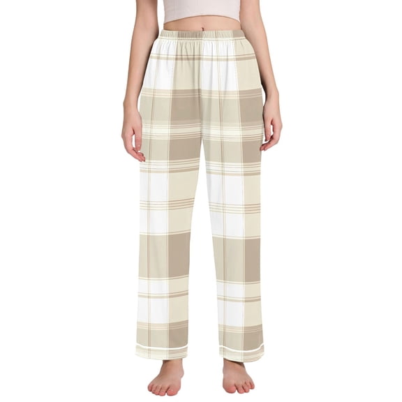 Dailycode Women's Pajama Pants Wide Leg Lounge Pj Bottoms With Pockets Beige and White Scottish Tartan