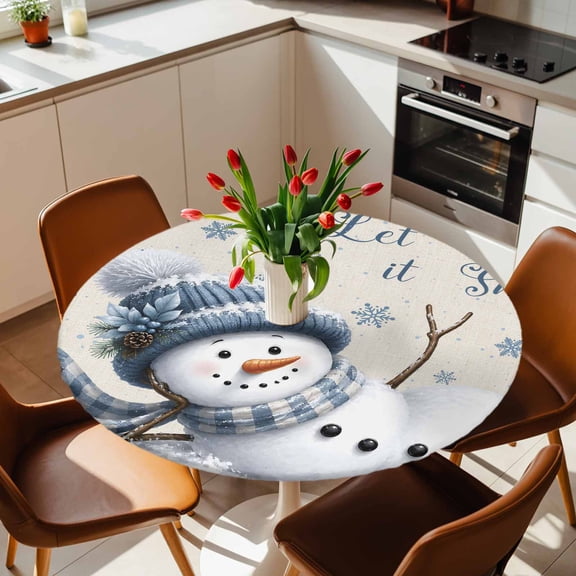 Round Fitted Tablecloth with Elastic Edge, Blue Snowman Christmas Snowflakes Fitted Table Cloth for Round Tables 36-44in, Winter Snow Retro Linen Waterproof Tablecloth for Outdoor Picnic Party