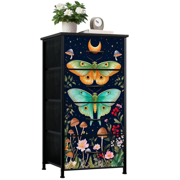 Gothic Dresser for Bedroom with 4 Storage Drawers Mystical Butterflies Moon Mushrooms Floral Landscape Dressers Chest of Drawers Steel Framed Fabric Closet Organizers for Teen Girls Dorm Entryway