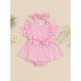 thumbnail image 2 of FEORJGP Infant Baby Girl Romper Dress 0 3M 6M 9M 12M 18M Newborn Short Sleeve Jumpsuit Solid Color Ribbed Ruffled Round Neck Bodysuit Dress with Bow Her Solid Cute Daily Clothes for Vacation, 2 of 8